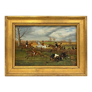 1940s Oil on Board | English Sporting Fox Hunt Steeplechase in Gilt Frame For Sale