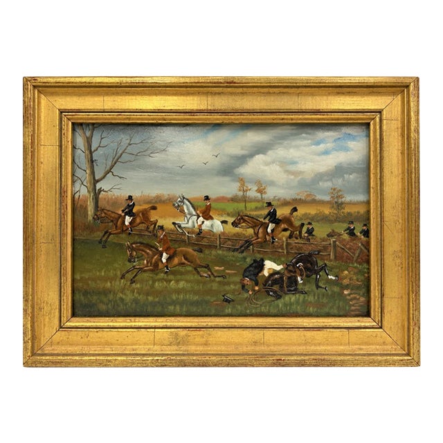 1940s Oil on Board | English Sporting Fox Hunt Steeplechase in Gilt Frame For Sale