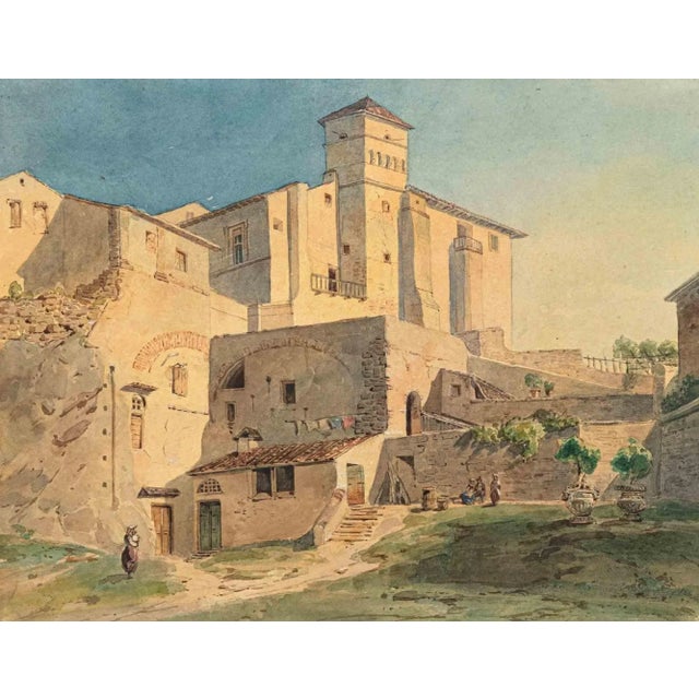 Unknown, Ancient Roman Farm Estate, Original Ink & Watercolor, 1840s For Sale - Image 3 of 4