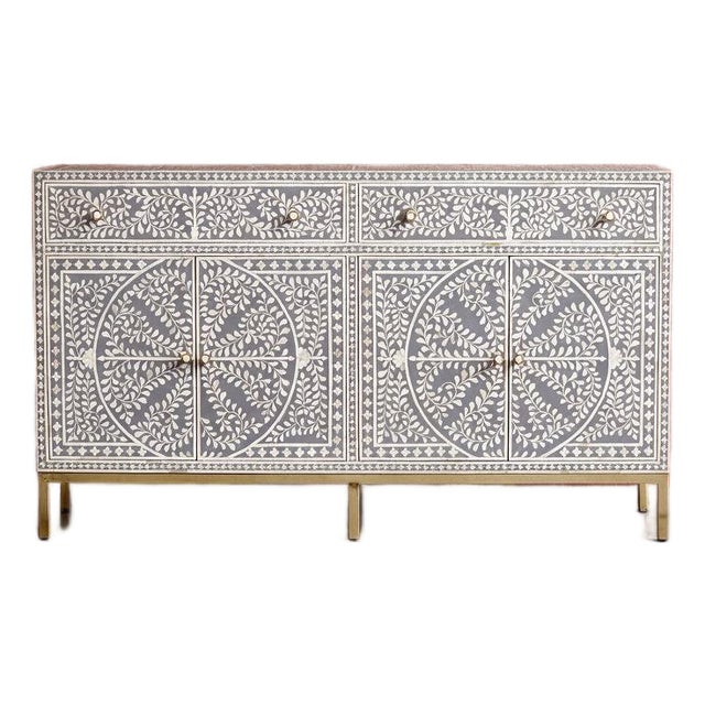 Arabesque Bone Inlay Four-Door Buffet - Grey by House of Jaipur For Sale