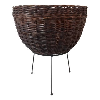 Wicker Plant Stand with Iron Base, Italy, 1950s For Sale