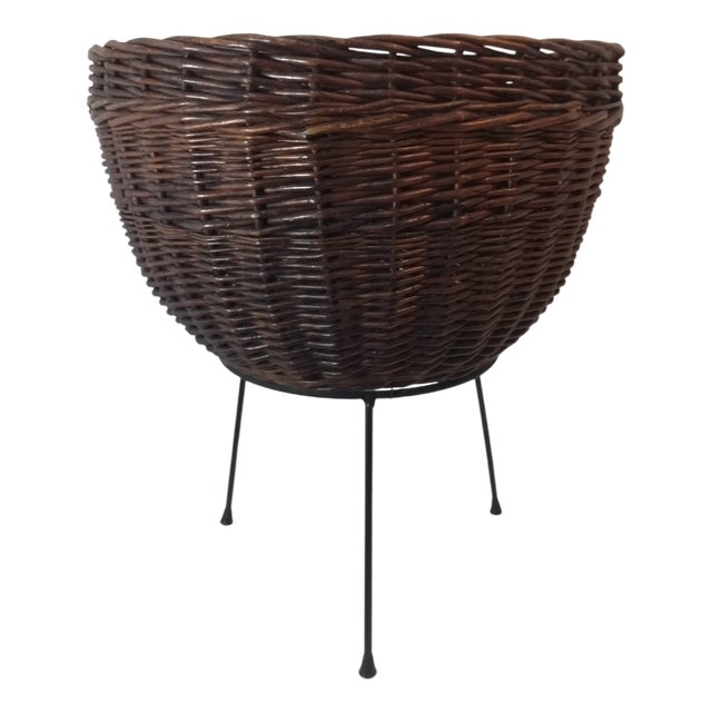 Wicker Plant Stand with Iron Base, Italy, 1950s For Sale