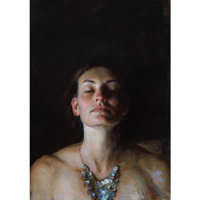 Glow by Karen Offutt | Oil on Panel Portrait of a Woman with Closed Eyes and Necklace For Sale