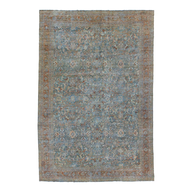 Antique Mahal Wool Rug in Muted Muted Sky Blue and Terracotta For Sale