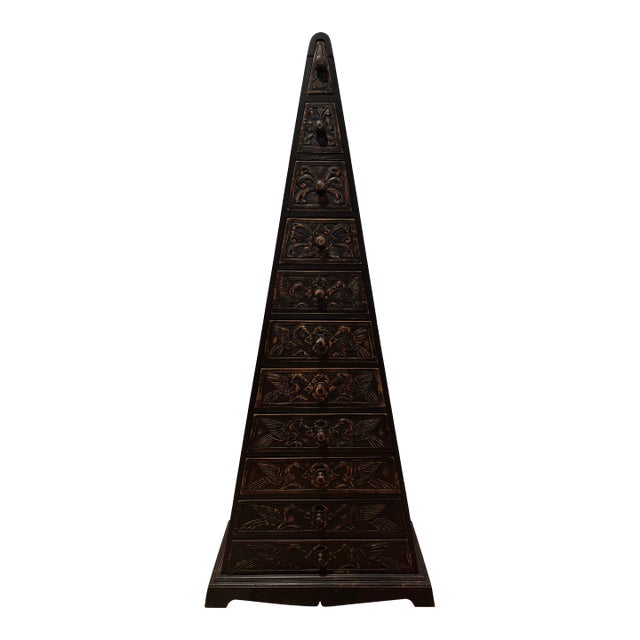 Vintage Indonesian Style Hand-Carved Wood Pyramid Chest, 11 Drawers, 60” For Sale