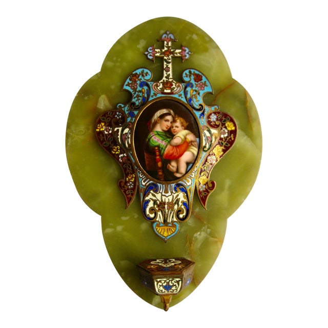 Mid 19th Century French Napoleon III Onyx Champleve and Limoges Plaque Large Holy Water For Sale