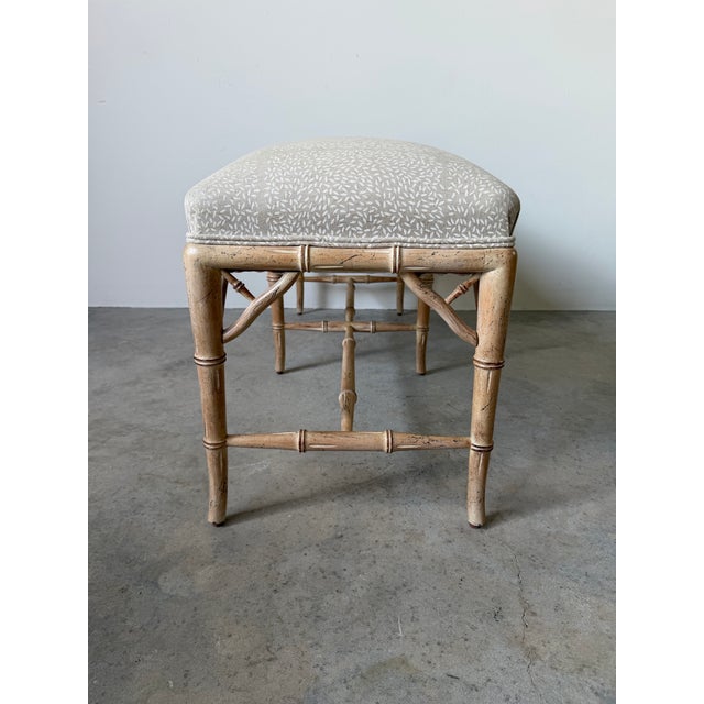 Wood Vintage Hollywood Regency Style Faux Bamboo Carved Upholstered Bench For Sale - Image 7 of 12