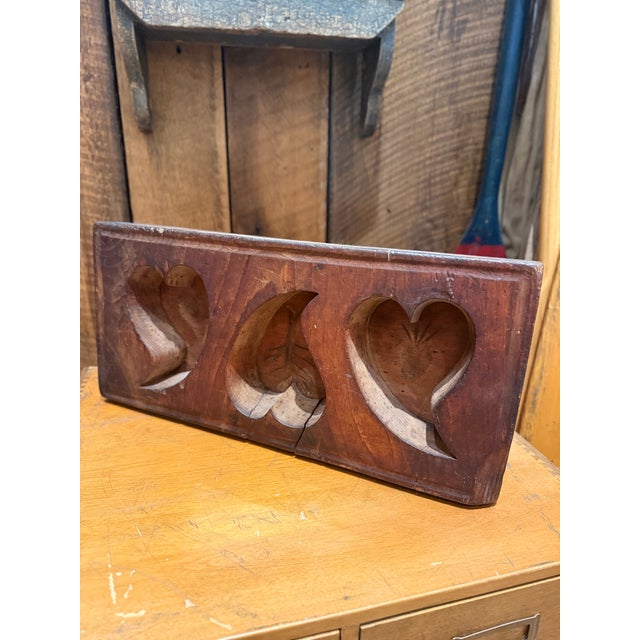 Chestnut Antique Wooden Sugar Mold With Three Deep Heart Carvings For Sale - Image 8 of 10