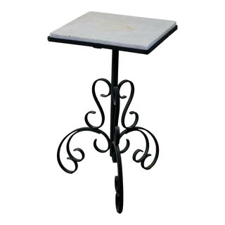 1950s Vintage Square White & Gray Marble Top Wrought Iron Side Accent Table For Sale