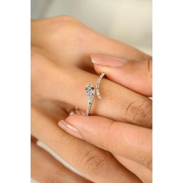 18k White Gold Open Face Multi Sapphire and Diamond Snake Ring Size 5 For Sale - Image 11 of 11