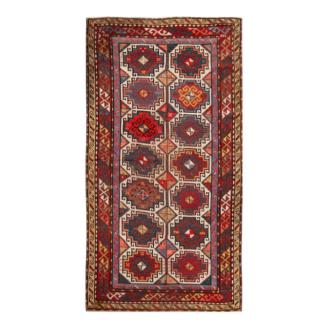 Handmade Antique Kazak Gallery Wool Rug With Multicolor Geometric Pattern For Sale
