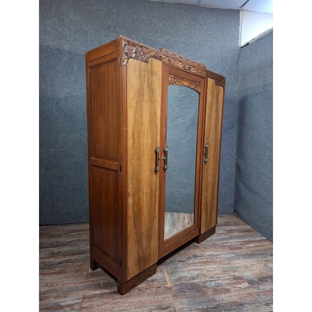 Wood Art Deco Style Three-Door Mirrored Wardrobe in Fruitwood Veneer, 1930s For Sale - Image 7 of 10