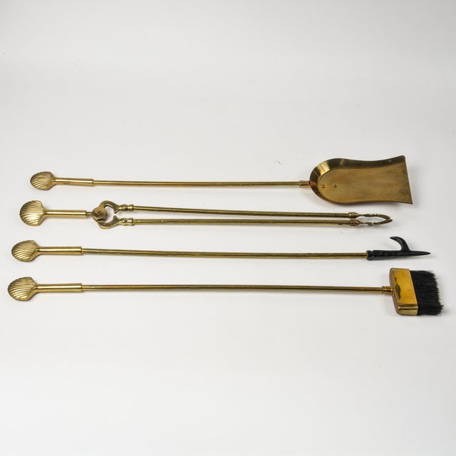 Mid 20th Century Solid Brass Seashell Handle Fireplace Tool Set With Scallop Shell Base Stand For Sale - Image 4 of 15