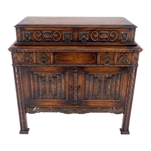 Jacobean Carved Oak Server Buffet Doors Drawers Commode Cabinet