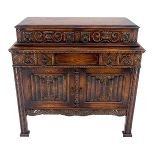 Jacobean Carved Oak Server Buffet 2 Doors 3 Drawers Commode Cabinet
