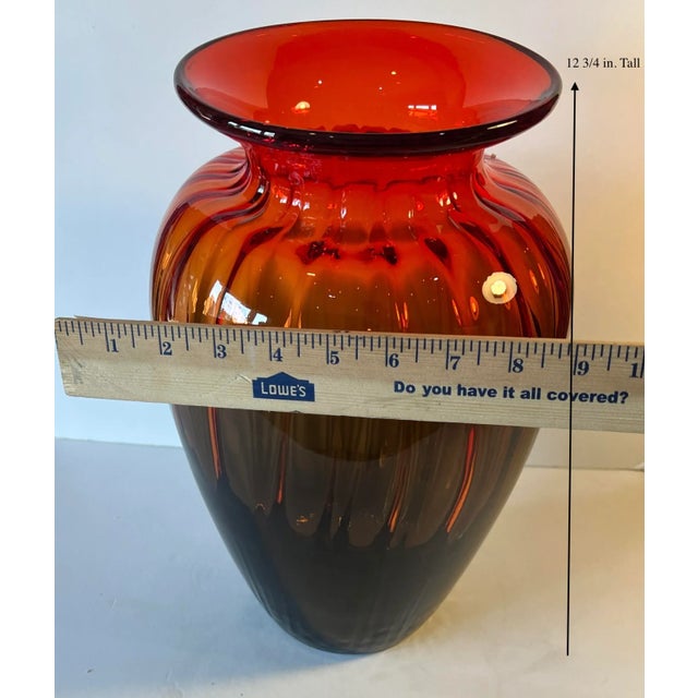 Lart Fluted Art Glass Vase Brown Orange Red Ombre For Sale - Image 12 of 12