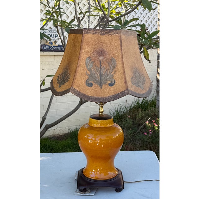 1940s Eggyolk Chinese &Terracotta Color Lamp With Custom Floral With Hand Painted Parchment Shade For Sale - Image 10 of 18