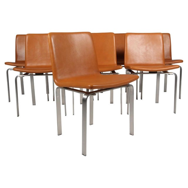 Dining Chairs in Tan Leather and Stainless Steel by Jørgen Høj for PP Møbler, 2010s, Set of 8 For Sale - Image 10 of 10