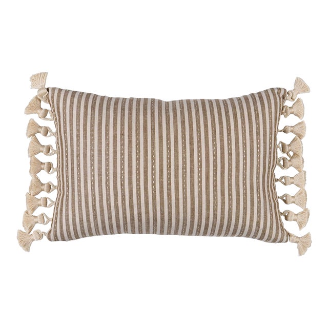 Schumacher Mathis Ticking Stripe Lumbar Pillow In Flax For Sale
