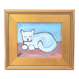 Folk Art White Kitten Cat Portrait Painting Including the Antiqued Gold Wood Frame For Sale