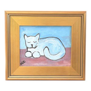 Folk Art White Kitten Cat Portrait Painting Including the Antiqued Gold Wood Frame
