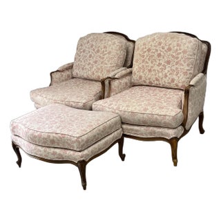 Pair of Ethan Allen Versailles French Bergere Chairs With Ottoman For Sale