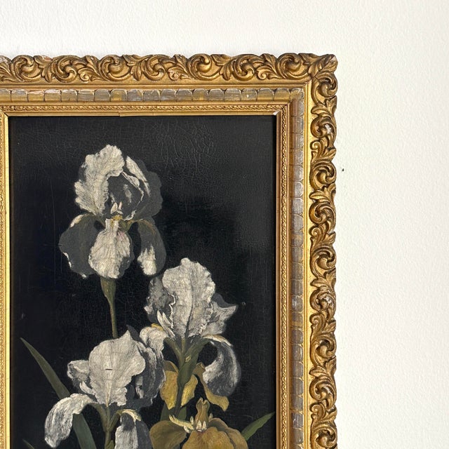 Vintage mid 20th century (1930-1970) original oil painting on hardwood board. Vibrant iris florals against a dark, black...