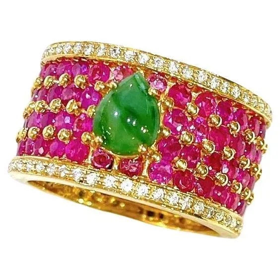 Bochic “Orient” African Ruby, & Jade Vintage Band Ring Set In 18 K Gold & Silver, Size 6.5 For Sale