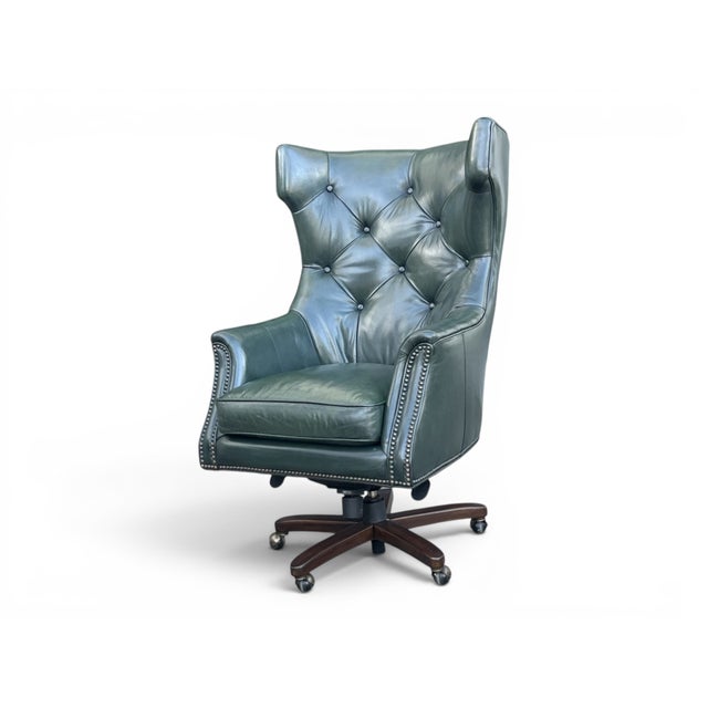 1960s English Traditional Distressed Green Leather Wingback Executive Swivel Chair For Sale - Image 9 of 12