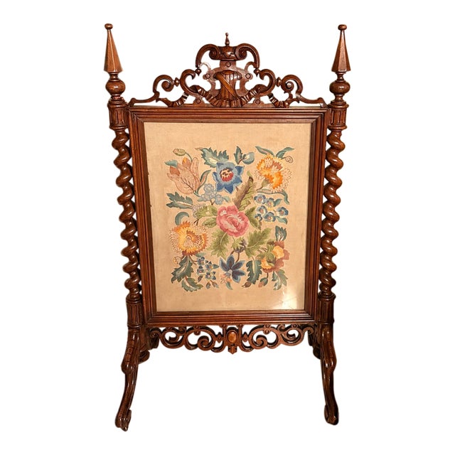 Late 19th Century Victorian Carved Walnut Antique Floral Needlepoint Fire Screen Panel Art For Sale
