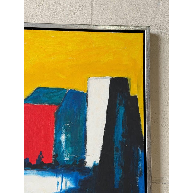 Textile h.p. Signed Framed Abstract Coastal Landscape Painting Vintage Mid-Century Modern 1970s For Sale - Image 7 of 10