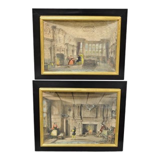 Antique Colored Lithograph 3d Frame Hall of Levens & Trophy Room Joseph Nash - Set of 2 For Sale