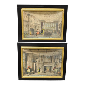Antique Colored Lithograph 3d Frame Hall of Levens & Trophy Room Joseph Nash - Set of 2