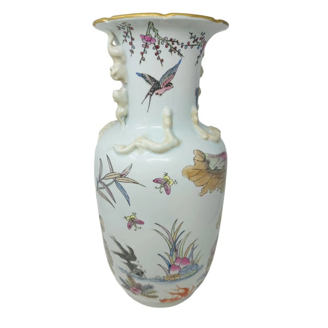 Vintage Famille Rose Porcelain Vase With Koi Fish, Birds, and Flowers For Sale - Image 4 of 15