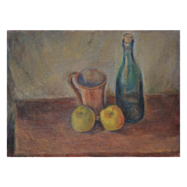 Vintage Still Life Painting of Wine Bottle With Apples For Sale In Monterey, CA - Image 6 of 6