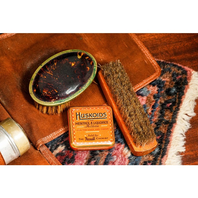 Stately English Antique Leather Suede Case With Tins Home Decor Prop For Sale - Image 10 of 16
