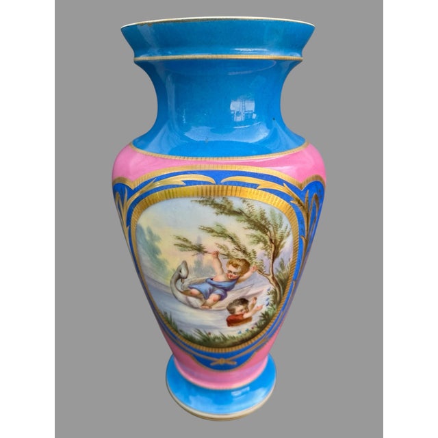 Early 20th Century Antique Old Paris Porcelain Scenic 13" Vase Decorated With Playful Children For Sale - Image 5 of 8