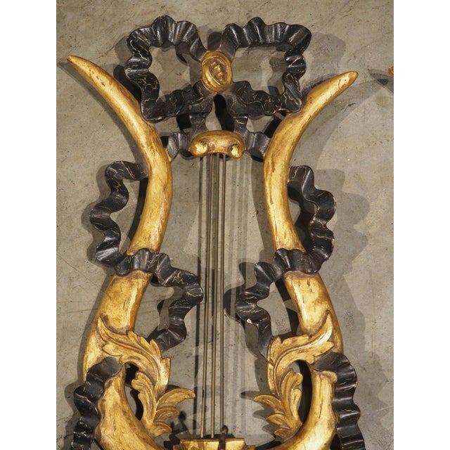 Pair of Italian Giltwood and Ebonized Louis XVI Style Lyre Form Sconces, 1950s For Sale - Image 10 of 18