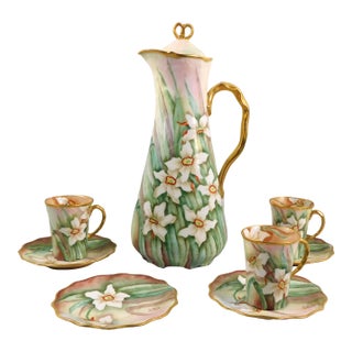 1990s Jean Pouyat Limoges Signed Chocolate Pot Set With Hand Painted Daffodils For Sale