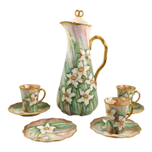 1990s Jean Pouyat Limoges Signed Chocolate Pot Set With Hand Painted Daffodils