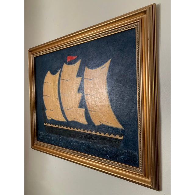 This richly layered maritime painting features a black vessel set against a deep navy sky, with water rendered in varying...