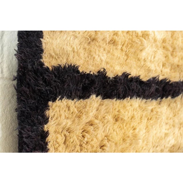 Textile Vintage Handmade Turkish Tulu Beige and Brown Black Striped Wool Tribal Shag Floor Rug, 5’ X 8’ For Sale - Image 7 of 10