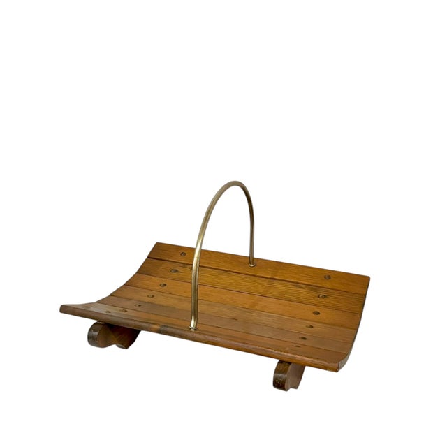 Mid 20th Century Vintage Mid Century Modern Cabin Style Wood and Brass Fireplace Log Holder or Magazine Book Rack For Sale - Image 5 of 17