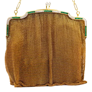 Antique Art Deco 18k Gold Mesh Evening Bag With Emerald and Diamond Frame