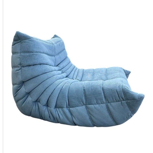 Textile Togo Lounge Chair in Light Blue Corduroy by Michel Ducaroy for Ligne Roset For Sale - Image 7 of 10