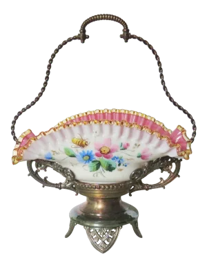Victorian Silverplated Enameled Glass Brides Basket