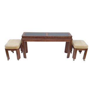 1980s Vintage Faux Burl Wood Console Table With Velvet Stools - Set of 3 For Sale