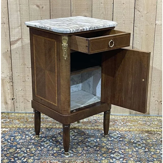 Nightstand in Marquetry and White Marble, Early 20th Century For Sale - Image 3 of 10