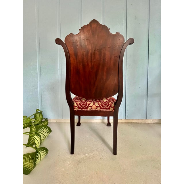 C. 1870 Antique American Victorian Rococo Revival Mahogany Parlor Chair With Carved Crest, Ball-and-Claw Feet, Tapestry Upholstery For Sale - Image 9 of 13