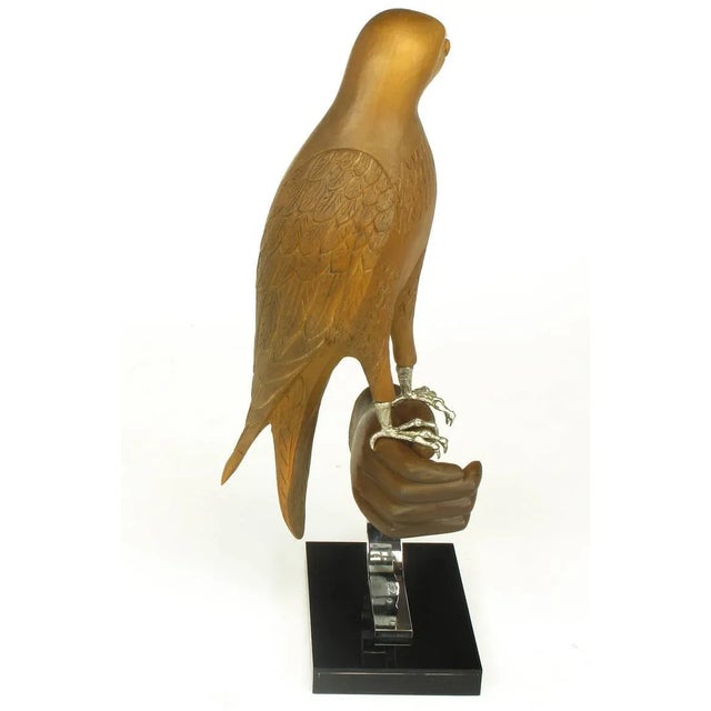 1970s Carved Wood & Silver Sculpture of Raptor Bird on Falconer's Hand For Sale - Image 5 of 9